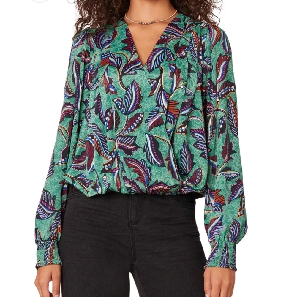 Democracy Teal and Purple Leaf Print Blouse